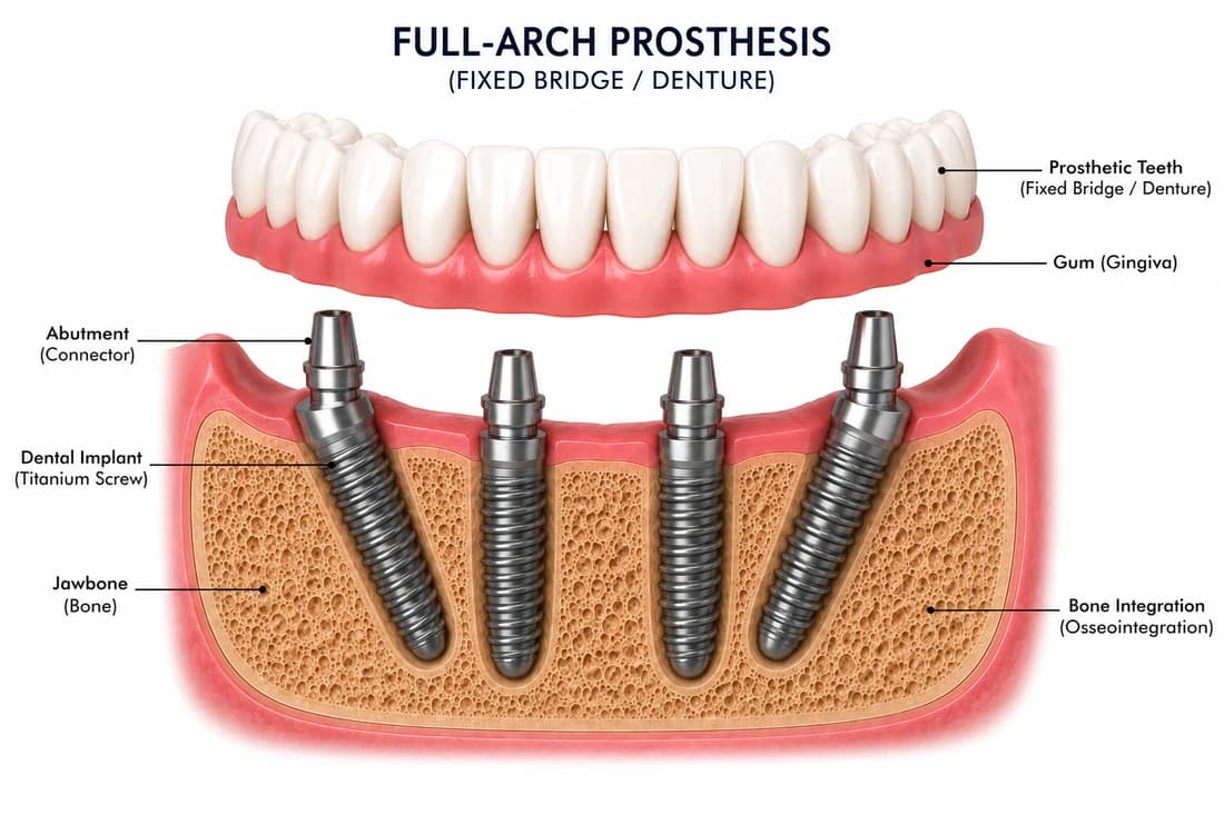 Diagram of a fixed full-arch All-on-X dental implant restoration