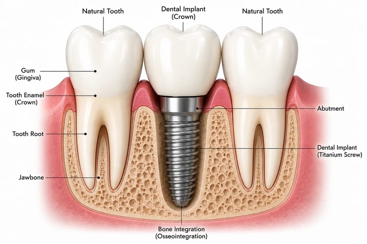 Diagram of a single dental implant — titanium post, abutment, and ceramic crown