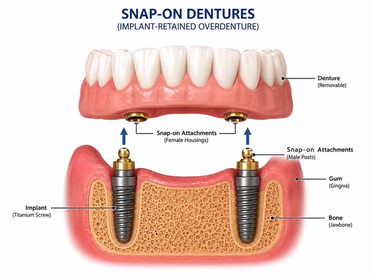 Diagram of a snap-on overdenture retained by dental implants